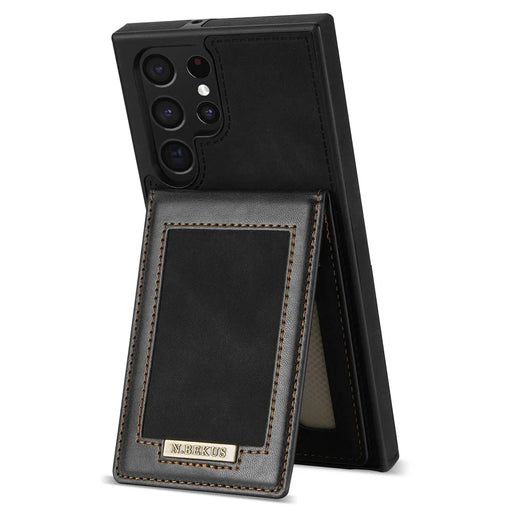 N.BEKUS for Samsung Galaxy S22 Ultra 5G Shockproof Vertical Phone Case Card Holder Kickstand PU Leather+TPU RFID Blocking Anti-wear Phone Cover - Black - 1