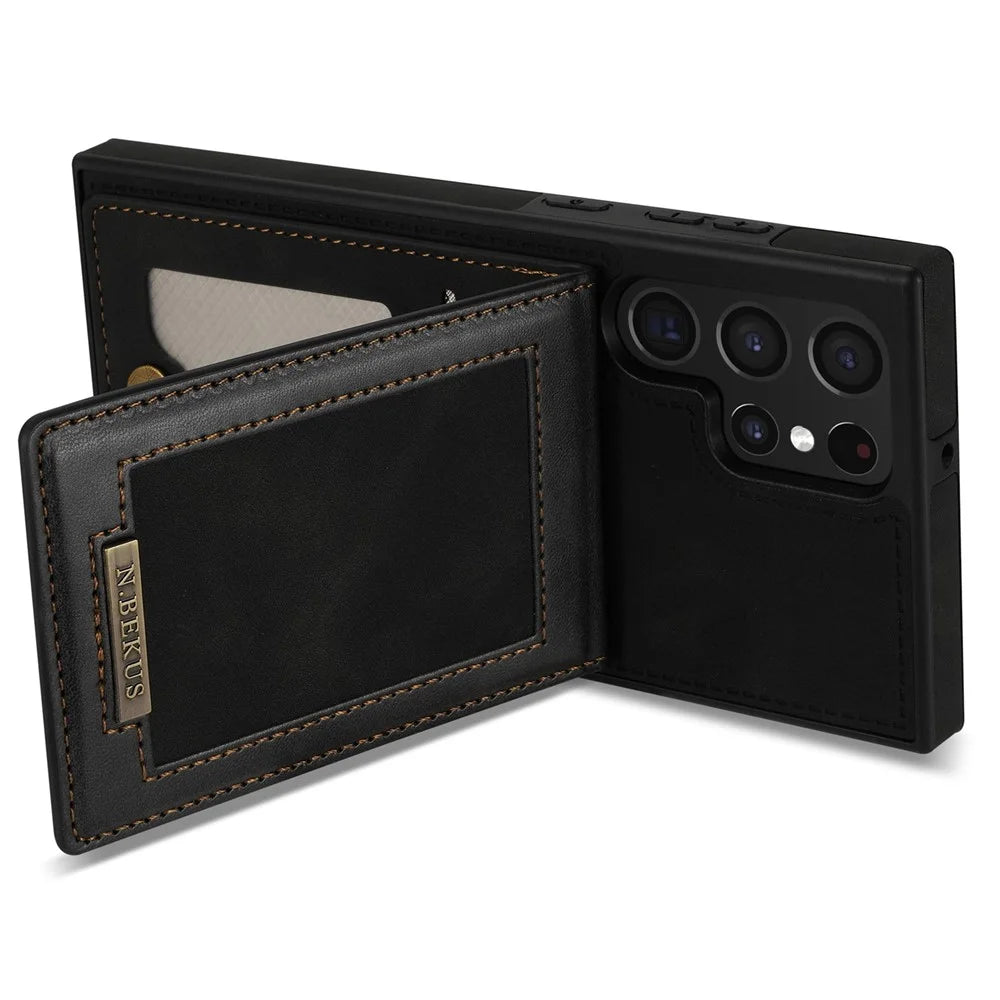 N.BEKUS for Samsung Galaxy S22 Ultra 5G Shockproof Vertical Phone Case Card Holder Kickstand PU Leather+TPU RFID Blocking Anti-wear Phone Cover - Black - 3