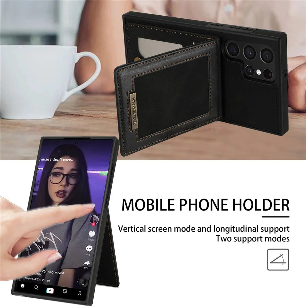 N.BEKUS for Samsung Galaxy S22 Ultra 5G Shockproof Vertical Phone Case Card Holder Kickstand PU Leather+TPU RFID Blocking Anti-wear Phone Cover - Black - 5