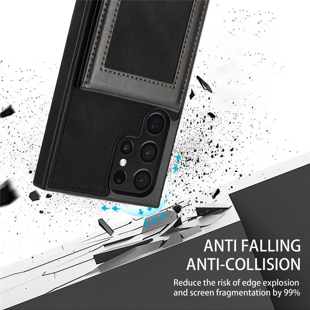 N.BEKUS for Samsung Galaxy S22 Ultra 5G Shockproof Vertical Phone Case Card Holder Kickstand PU Leather+TPU RFID Blocking Anti-wear Phone Cover - Black - 6