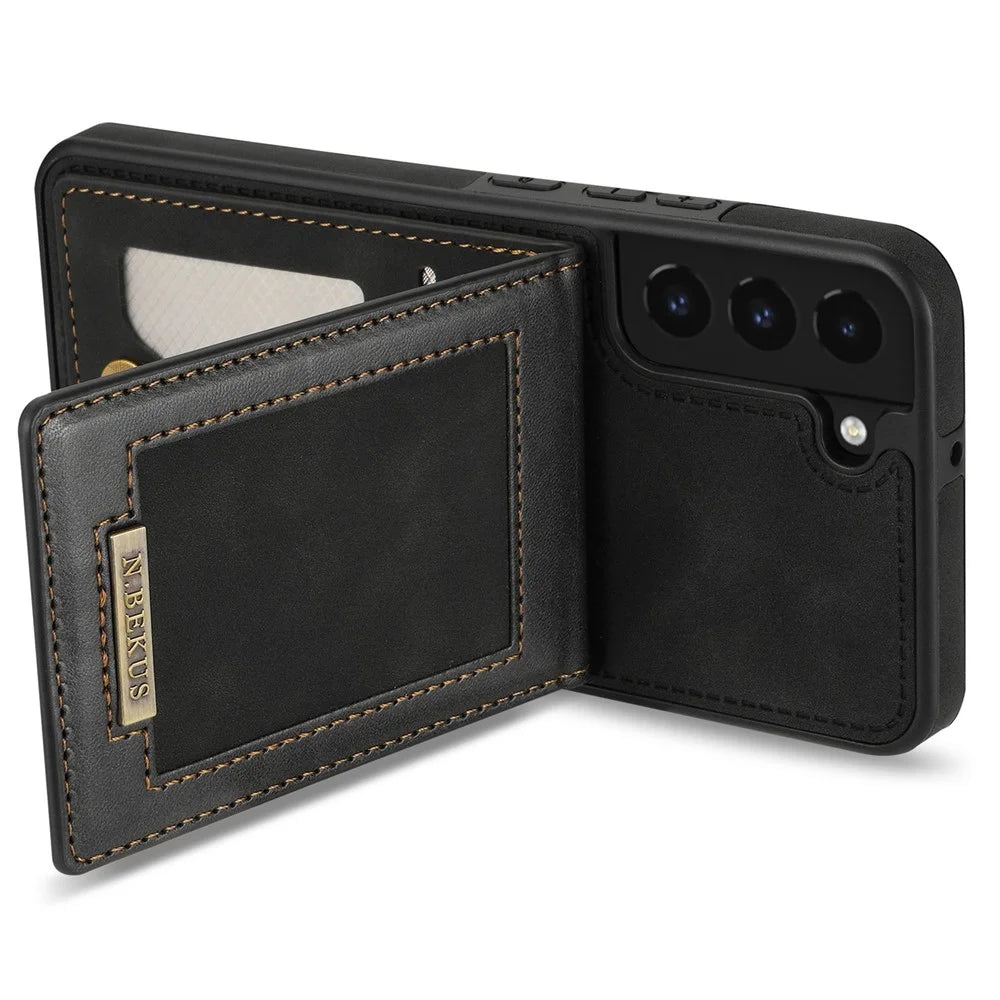 N.BEKUS RFID Blocking Back Cover Kickstand for Samsung Galaxy S21 FE 5G, Well-protected Vertical Phone Case Card Holder PU Leather+TPU Phone Shell - Black - 3