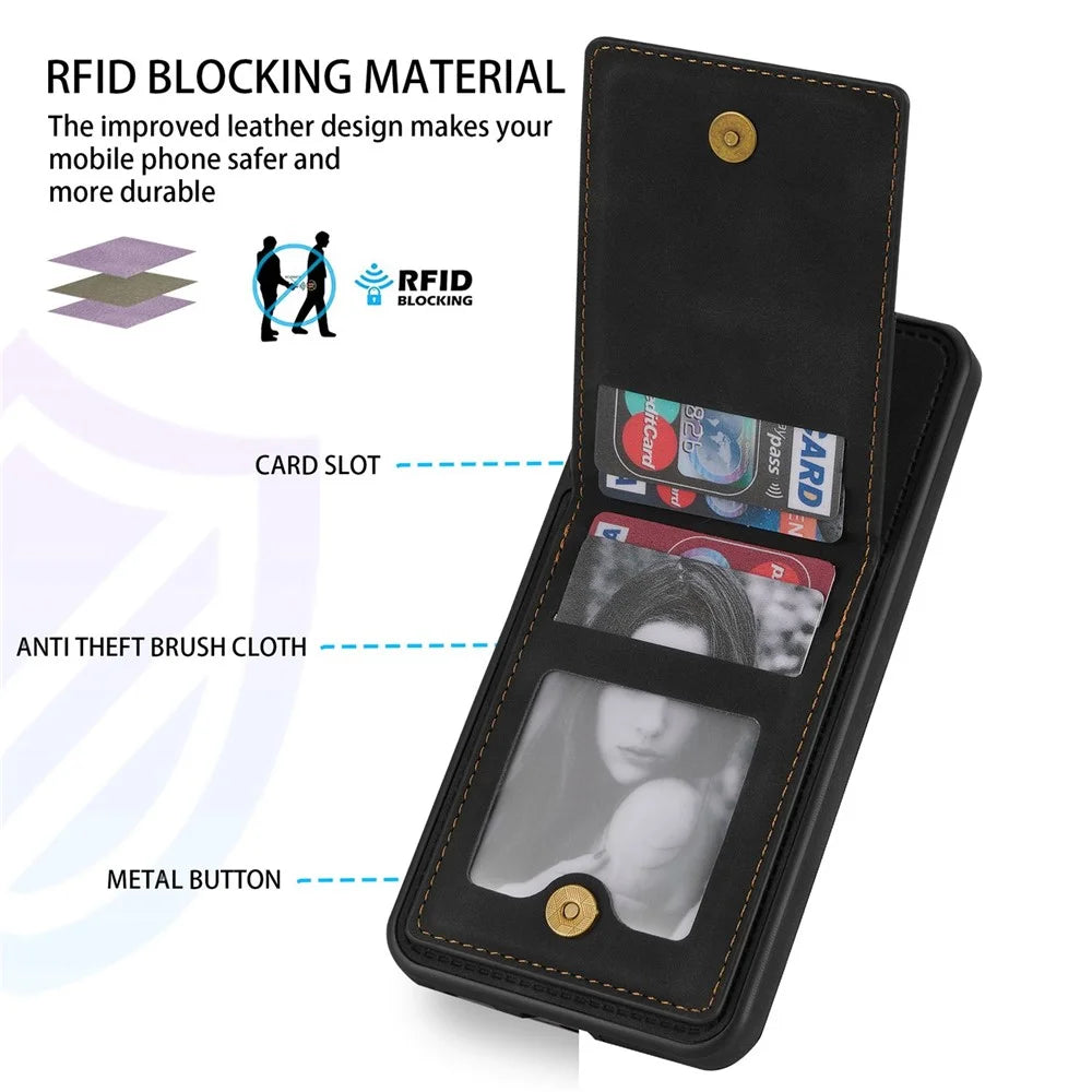 N.BEKUS RFID Blocking Back Cover Kickstand for Samsung Galaxy S21 FE 5G, Well-protected Vertical Phone Case Card Holder PU Leather+TPU Phone Shell - Black - 7