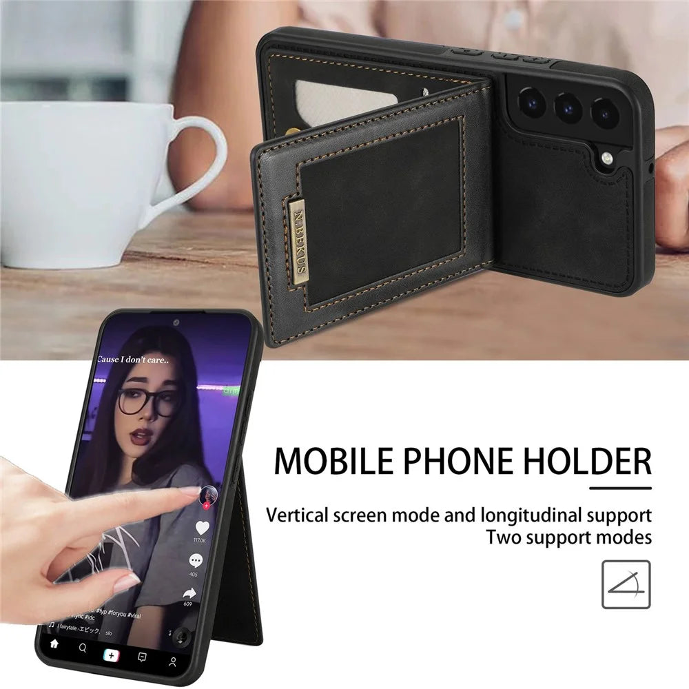 N.BEKUS Anti-drop Phone Case For Samsung Galaxy S22 5G, Well-protected PU Leather+TPU RFID Blocking Phone Cover Vertical Card Holder Kickstand - Black - 5