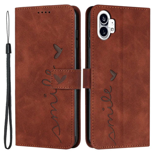 For Nothing phone (1) 5G Heart Shape Imprinted  Wallet Phone Case Skin-touch PU Leather Stand Magnetic Shockproof Cover with Strap - Brown - 1