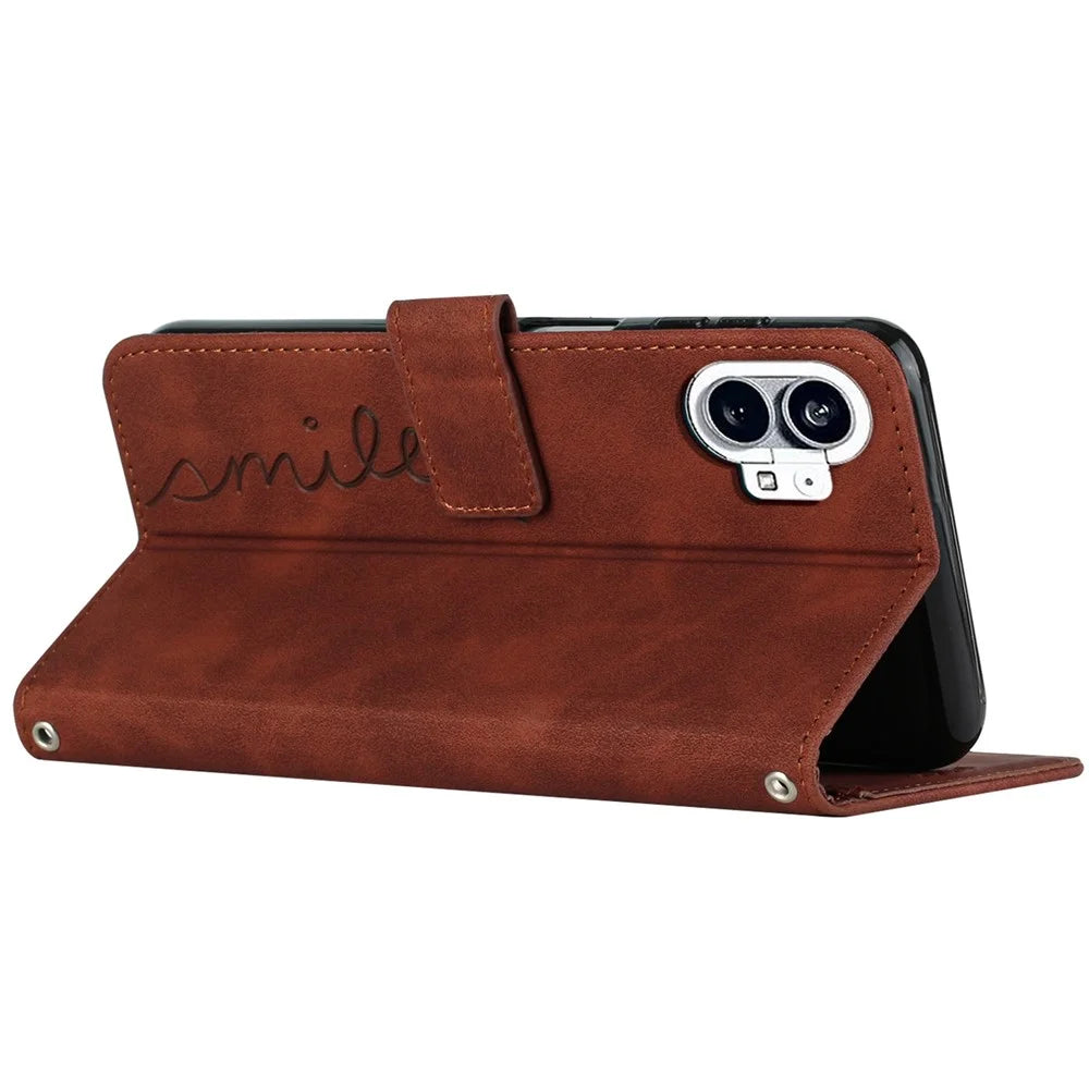 For Nothing phone (1) 5G Heart Shape Imprinted  Wallet Phone Case Skin-touch PU Leather Stand Magnetic Shockproof Cover with Strap - Brown - 3