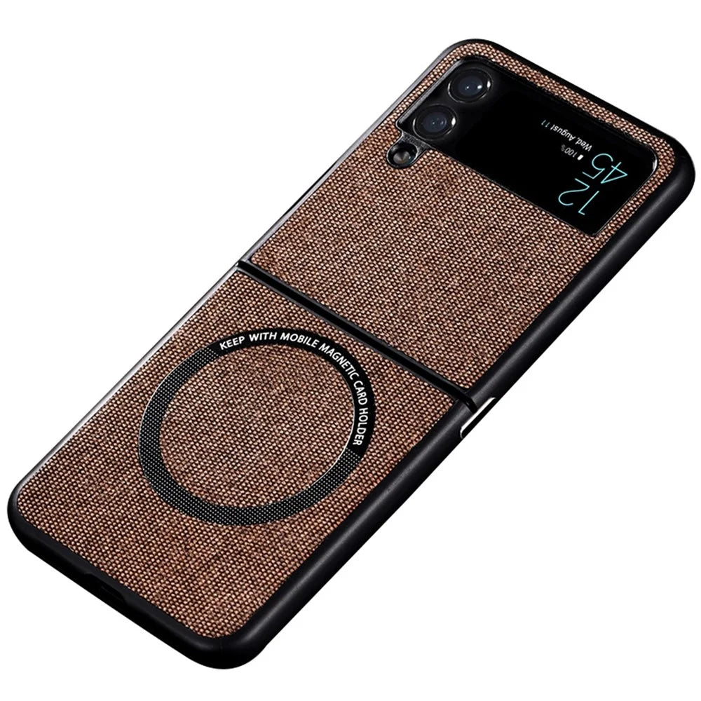 For Samsung Galaxy Z Flip4 5G Cloth Texture Leather Coated PC Phone Case Magnetic Wireless Charging Folding Cover - Brown - 1
