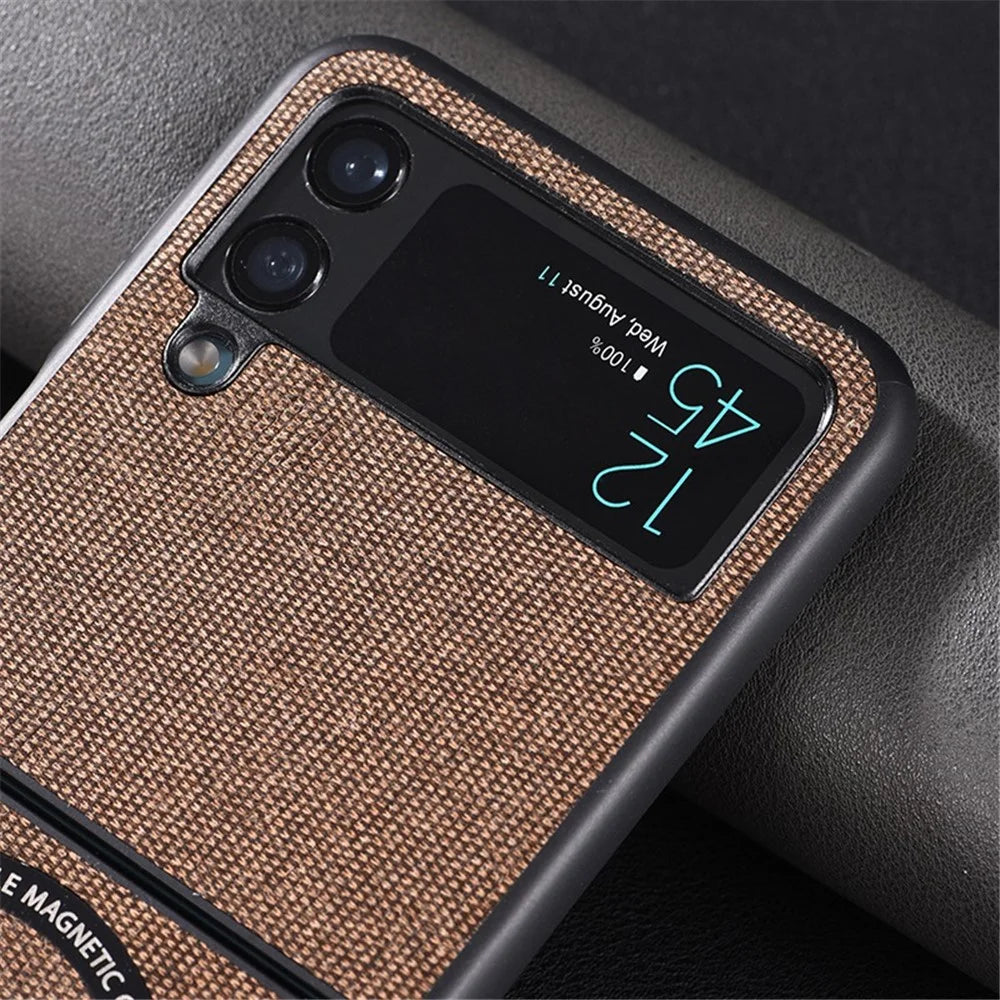 For Samsung Galaxy Z Flip4 5G Cloth Texture Leather Coated PC Phone Case Magnetic Wireless Charging Folding Cover - Brown - 4