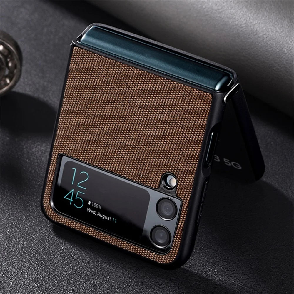For Samsung Galaxy Z Flip4 5G Cloth Texture Leather Coated PC Phone Case Magnetic Wireless Charging Folding Cover - Brown - 6