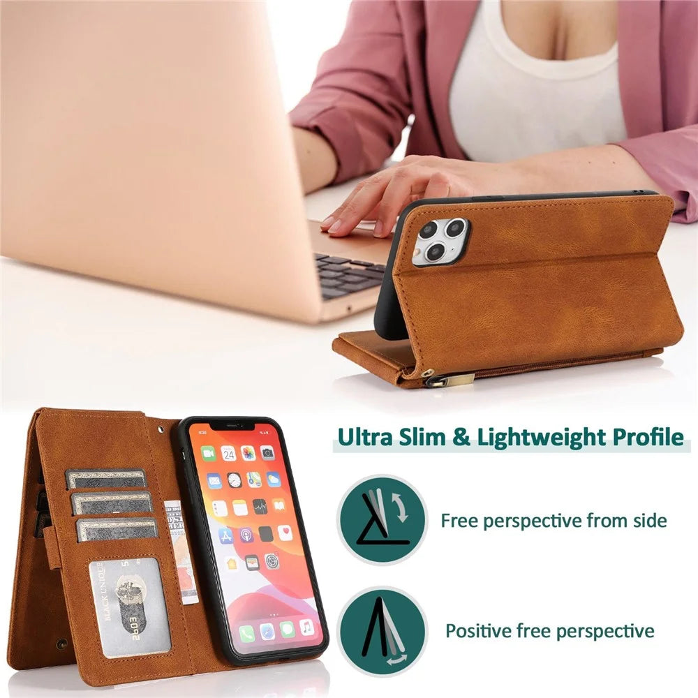 For iPhone 14 Pro 6.1 inch Zipper Pocket Skin-touch Multiple Card Slots Case PU Leather Wallet Stand Phone Cover with Hand Strap - Brown - 3