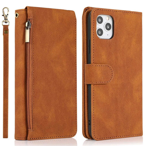 Skin-touch Leather Case for iPhone 14 6.1 inch, Wallet Stand Full Protection Multiple Card Slots Phone Cover with Hand Strap - Brown - 1