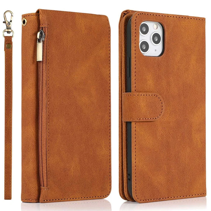 Skin-touch Leather Case for iPhone 14 6.1 inch, Wallet Stand Full Protection Multiple Card Slots Phone Cover with Hand Strap - Brown - 1
