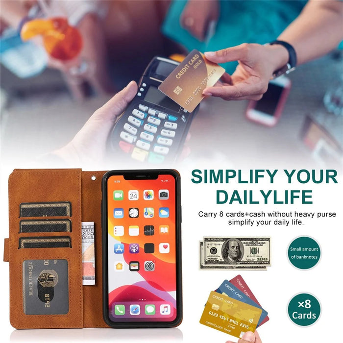 Skin-touch Leather Case for iPhone 14 6.1 inch, Wallet Stand Full Protection Multiple Card Slots Phone Cover with Hand Strap - Brown - 2