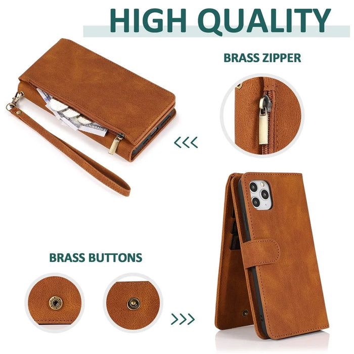 Skin-touch Leather Case for iPhone 14 6.1 inch, Wallet Stand Full Protection Multiple Card Slots Phone Cover with Hand Strap - Brown - 4