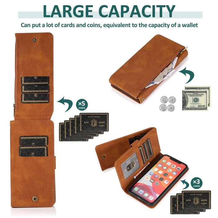 Skin-touch Leather Case for iPhone 14 6.1 inch, Wallet Stand Full Protection Multiple Card Slots Phone Cover with Hand Strap - Brown - 5