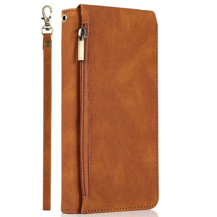 Skin-touch Leather Case for iPhone 14 6.1 inch, Wallet Stand Full Protection Multiple Card Slots Phone Cover with Hand Strap - Brown - 7