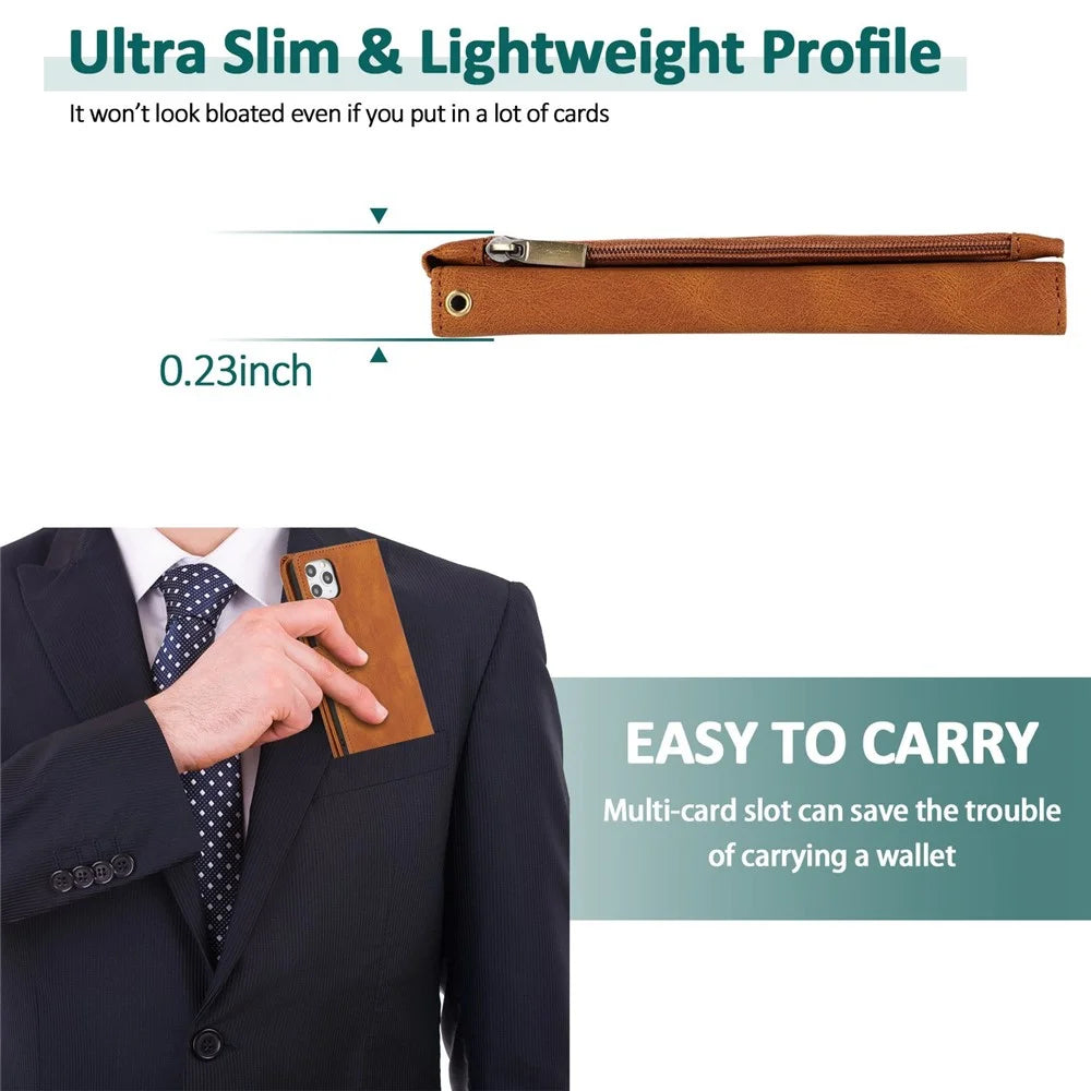 For iPhone 14 Plus Zipper Pocket Wallet Phone Case Skin-touch Feeling PU Leather Stand Multiple Card Slots Cover with Hand Strap - Brown - 6