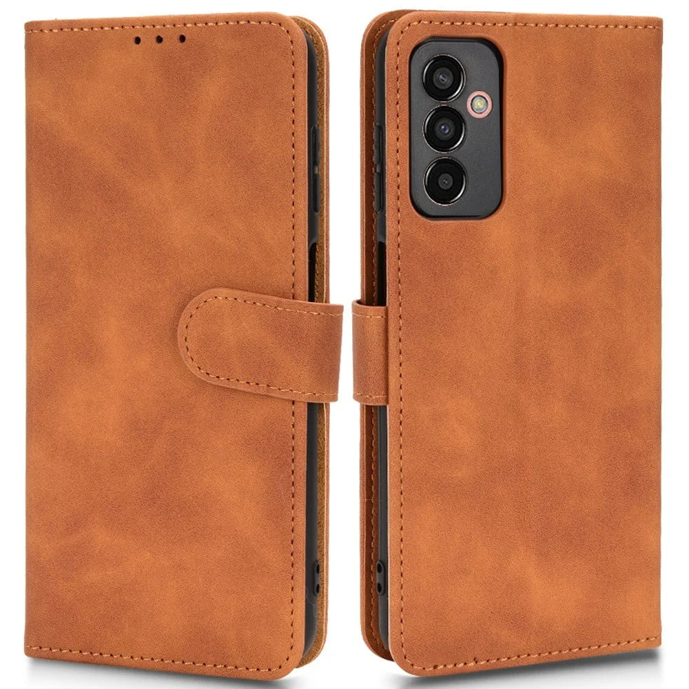 For Samsung Galaxy M13 4G Skin-Touch Feeling Full Protection PU Leather Case Stand Wallet Magnetic Clasp Phone Cover - Brown - 1