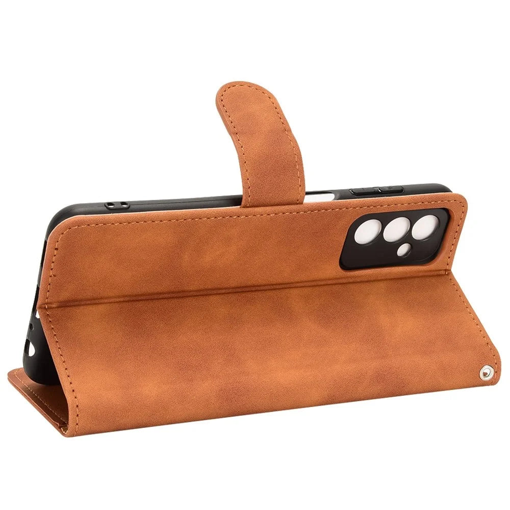 For Samsung Galaxy M13 4G Skin-Touch Feeling Full Protection PU Leather Case Stand Wallet Magnetic Clasp Phone Cover - Brown - 3