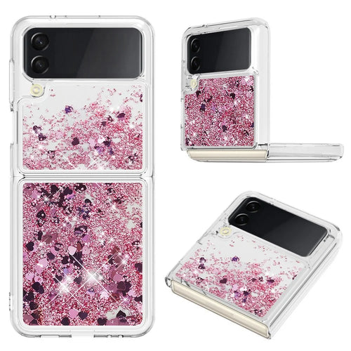 For Samsung Galaxy Z Flip4 5GTPU Case Glitter Quicksand Shockproof Phone Back Cover - Rose Gold  /  Hearts - 1