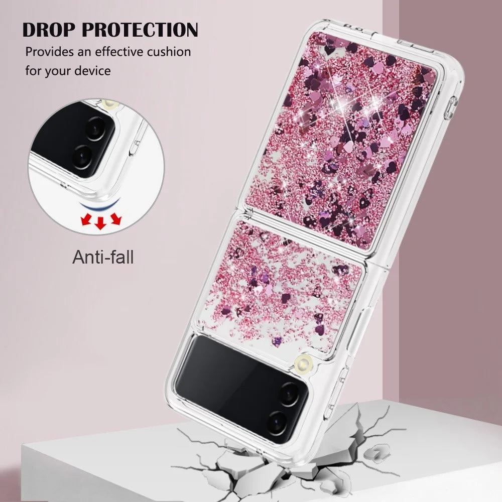 For Samsung Galaxy Z Flip4 5GTPU Case Glitter Quicksand Shockproof Phone Back Cover - Rose Gold  /  Hearts - 4