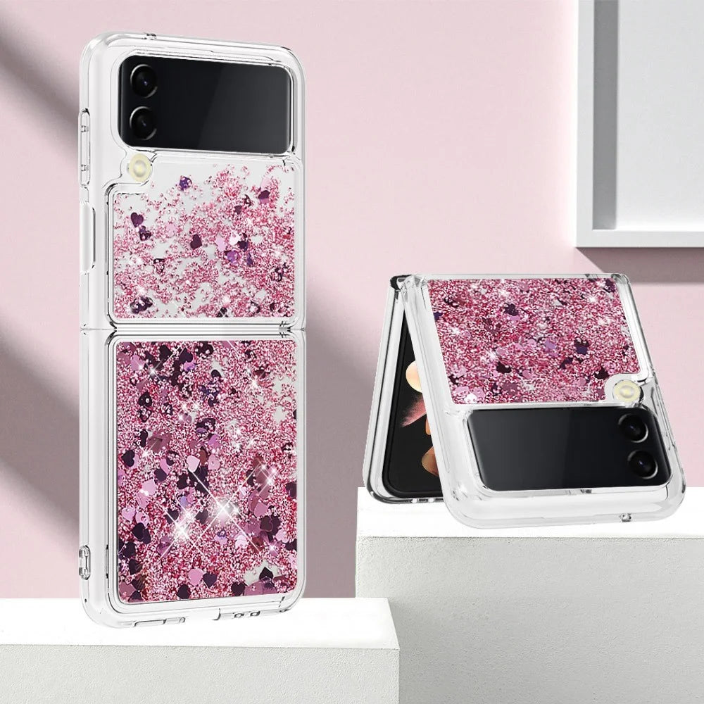 For Samsung Galaxy Z Flip4 5GTPU Case Glitter Quicksand Shockproof Phone Back Cover - Rose Gold  /  Hearts - 5