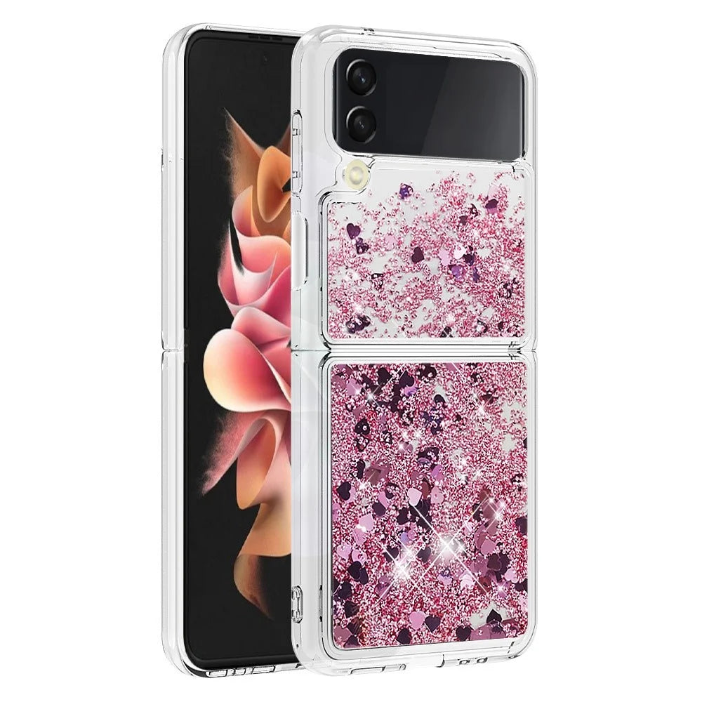 For Samsung Galaxy Z Flip4 5GTPU Case Glitter Quicksand Shockproof Phone Back Cover - Rose Gold  /  Hearts - 6