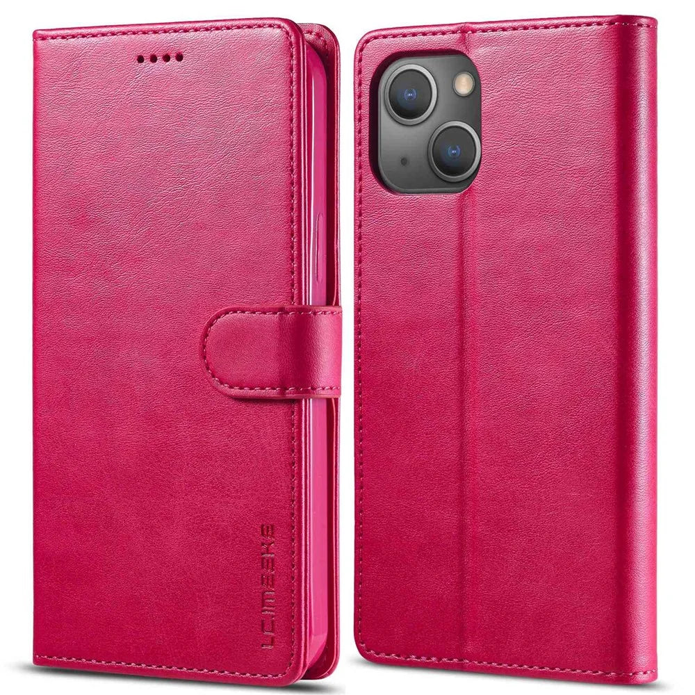 LC.IMEEKE For iPhone 14 6.1 inch Flip Folio Book PU Leather Case Wallet Stand Shockproof TPU Inner Shell Phone Cover - Rose - 1