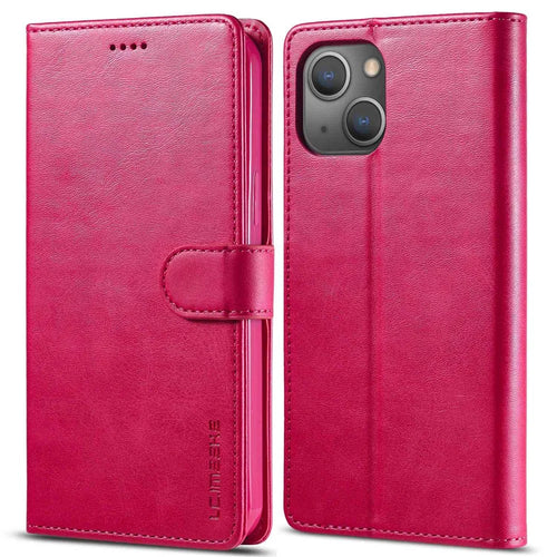 LC.IMEEKE For iPhone 14 6.1 inch Flip Folio Book PU Leather Case Wallet Stand Shockproof TPU Inner Shell Phone Cover - Rose - 1
