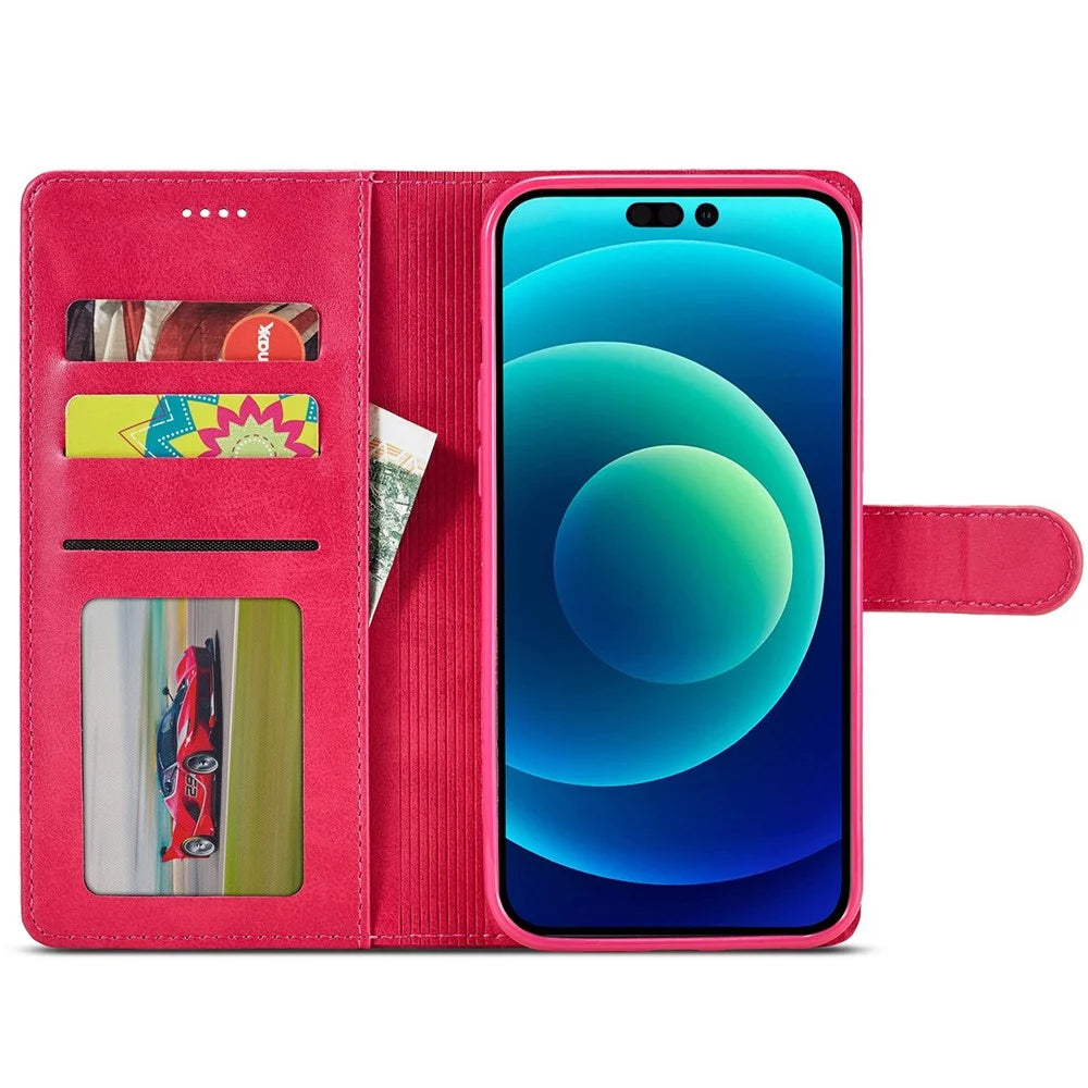 LC.IMEEKE For iPhone 14 6.1 inch Flip Folio Book PU Leather Case Wallet Stand Shockproof TPU Inner Shell Phone Cover - Rose - 2