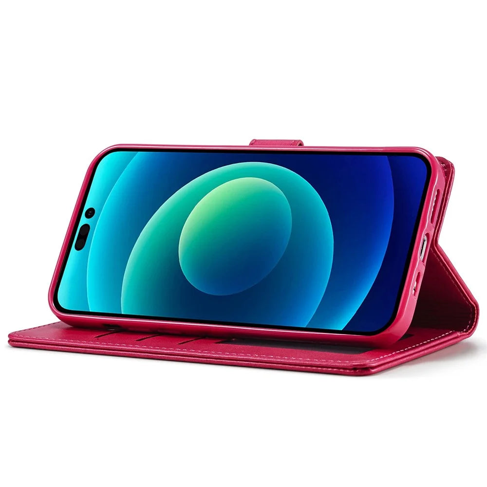 LC.IMEEKE For iPhone 14 6.1 inch Flip Folio Book PU Leather Case Wallet Stand Shockproof TPU Inner Shell Phone Cover - Rose - 4