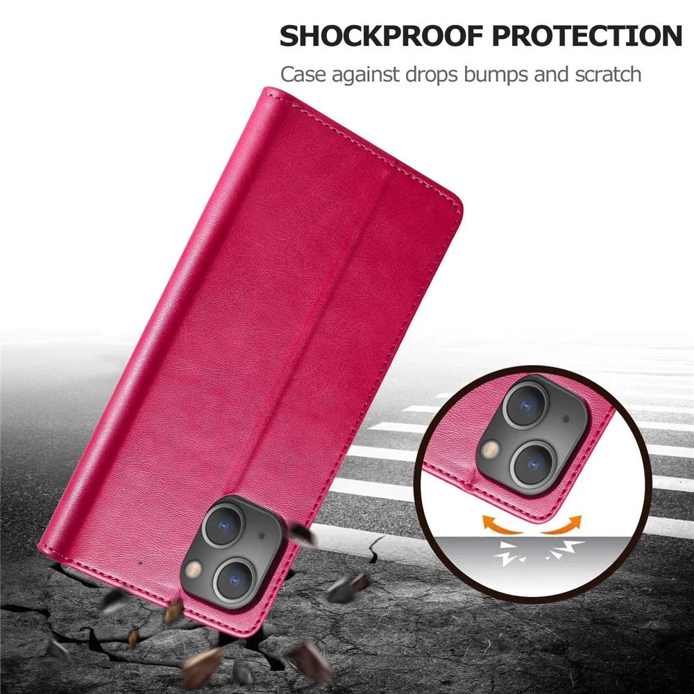 LC.IMEEKE For iPhone 14 6.1 inch Flip Folio Book PU Leather Case Wallet Stand Shockproof TPU Inner Shell Phone Cover - Rose - 5