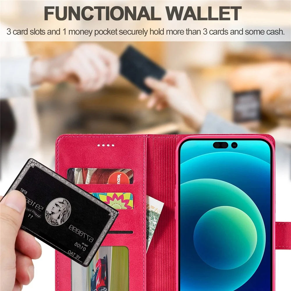 LC.IMEEKE For iPhone 14 6.1 inch Flip Folio Book PU Leather Case Wallet Stand Shockproof TPU Inner Shell Phone Cover - Rose - 6