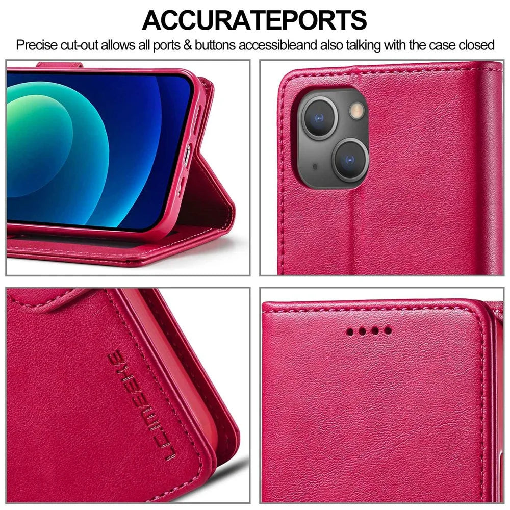 LC.IMEEKE For iPhone 14 6.1 inch Flip Folio Book PU Leather Case Wallet Stand Shockproof TPU Inner Shell Phone Cover - Rose - 7