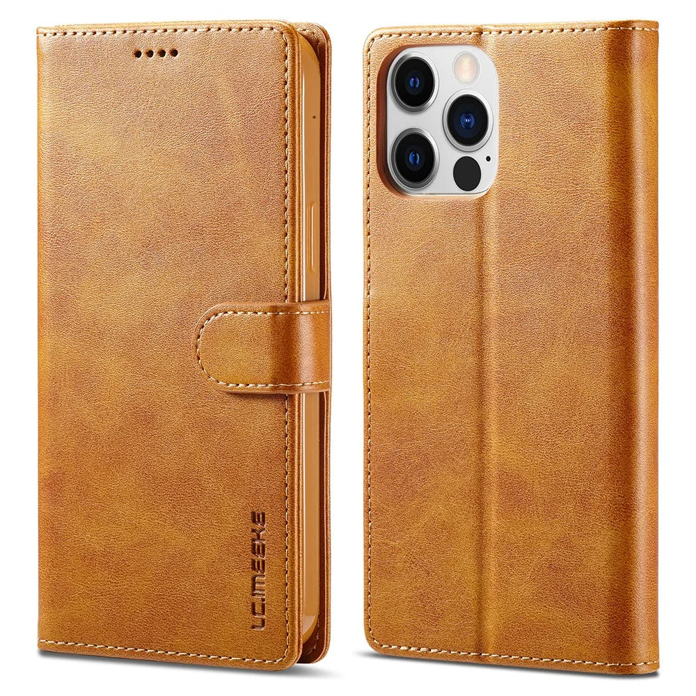LC.IMEEKE For iPhone 14 Pro 6.1 inch PU Leather Flip Folio Case Wallet Style Magnetic Closure Stand Cover - Light Brown - 1