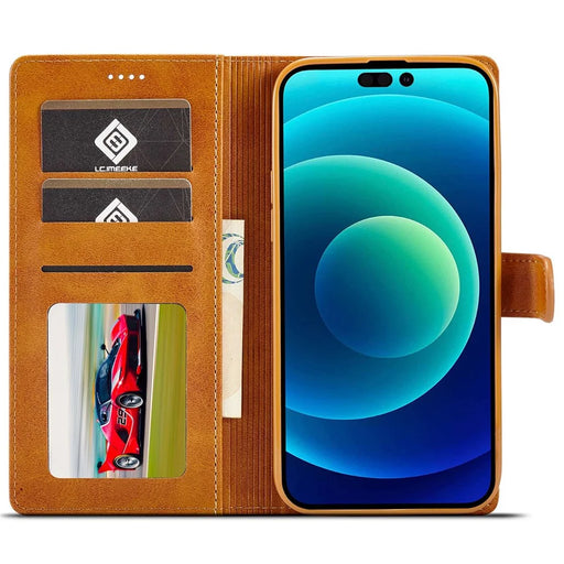 LC.IMEEKE For iPhone 14 Pro 6.1 inch PU Leather Flip Folio Case Wallet Style Magnetic Closure Stand Cover - Light Brown - 2