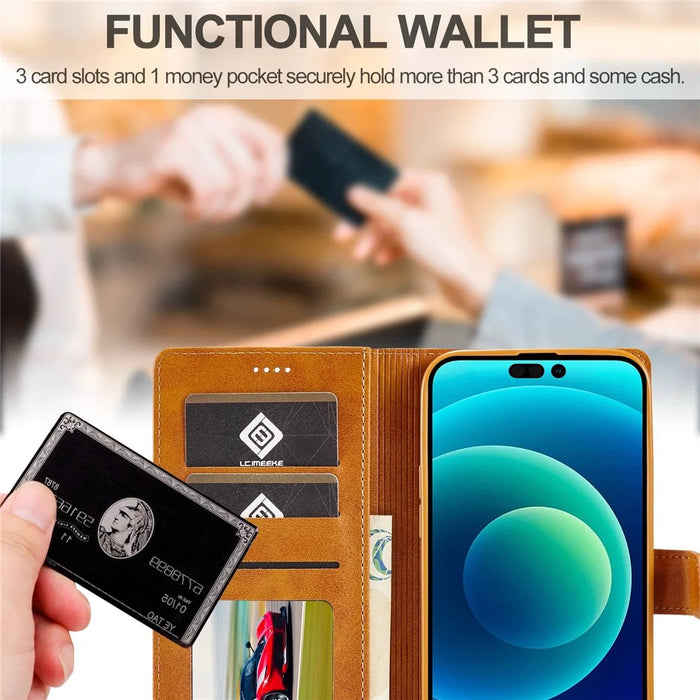 LC.IMEEKE For iPhone 14 Pro 6.1 inch PU Leather Flip Folio Case Wallet Style Magnetic Closure Stand Cover - Light Brown - 6