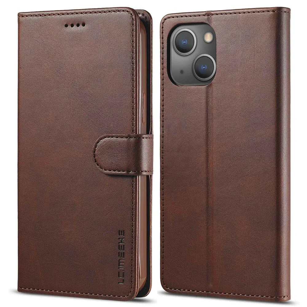 LC.IMEEKE For iPhone 14 Plus Magnetic PU Leather Protect Folio Cover TPU Protective Interior Shell Stand Flip Wallet Case - Brown - 1