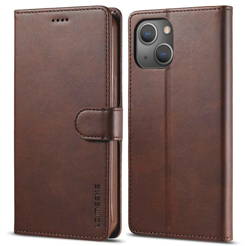 LC.IMEEKE For iPhone 14 Plus Magnetic PU Leather Protect Folio Cover TPU Protective Interior Shell Stand Flip Wallet Case - Brown - 1
