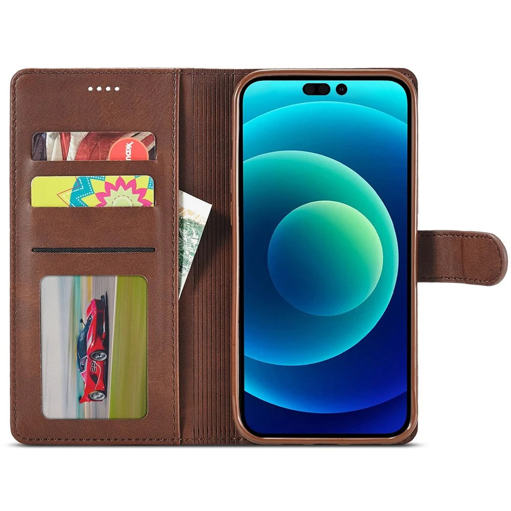 LC.IMEEKE For iPhone 14 Plus Magnetic PU Leather Protect Folio Cover TPU Protective Interior Shell Stand Flip Wallet Case - Brown - 2