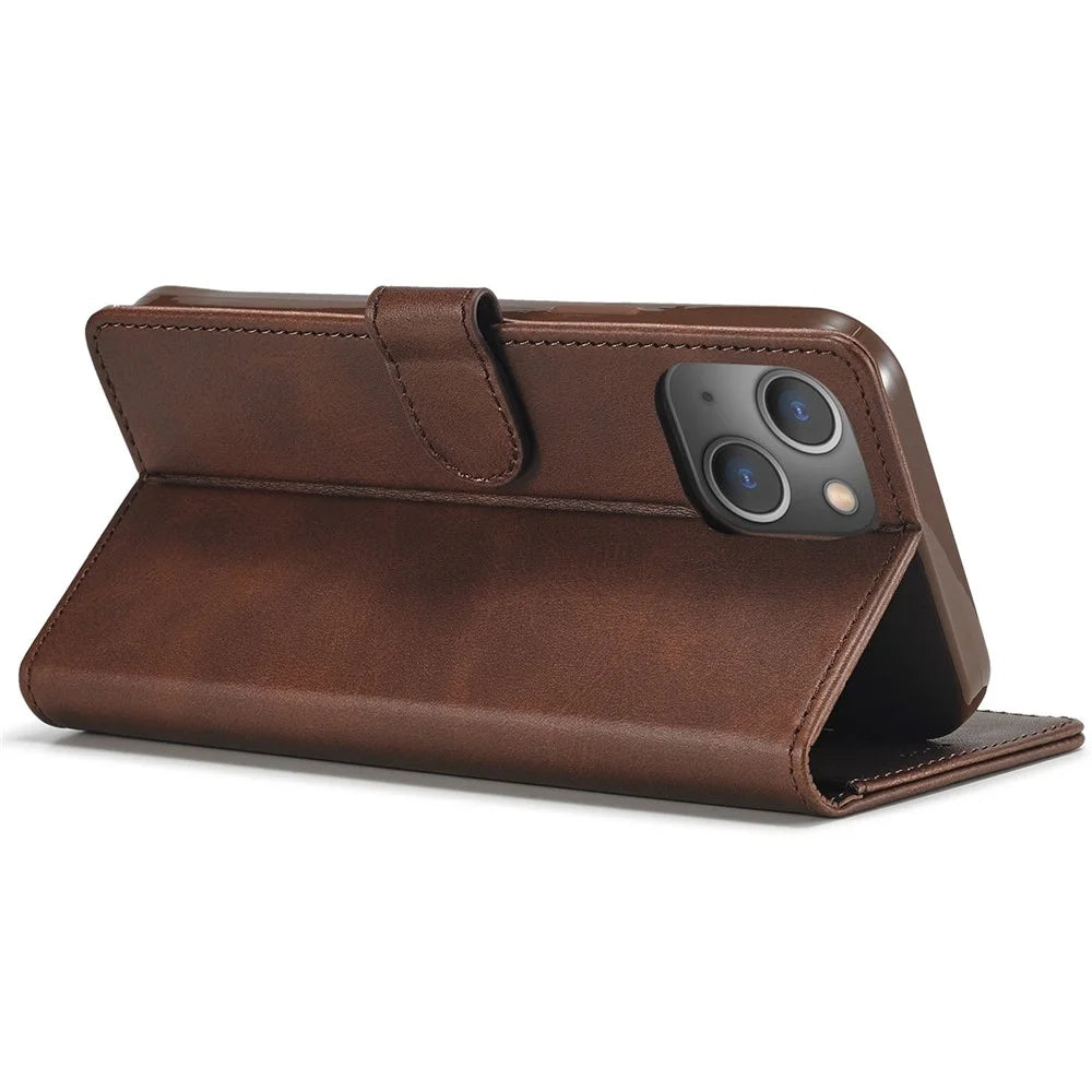 LC.IMEEKE For iPhone 14 Plus Magnetic PU Leather Protect Folio Cover TPU Protective Interior Shell Stand Flip Wallet Case - Brown - 3