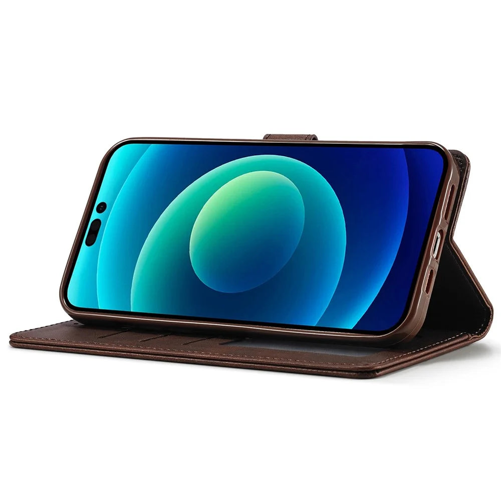 LC.IMEEKE For iPhone 14 Plus Magnetic PU Leather Protect Folio Cover TPU Protective Interior Shell Stand Flip Wallet Case - Brown - 4