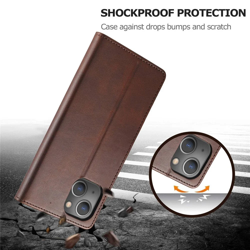 LC.IMEEKE For iPhone 14 Plus Magnetic PU Leather Protect Folio Cover TPU Protective Interior Shell Stand Flip Wallet Case - Brown - 5