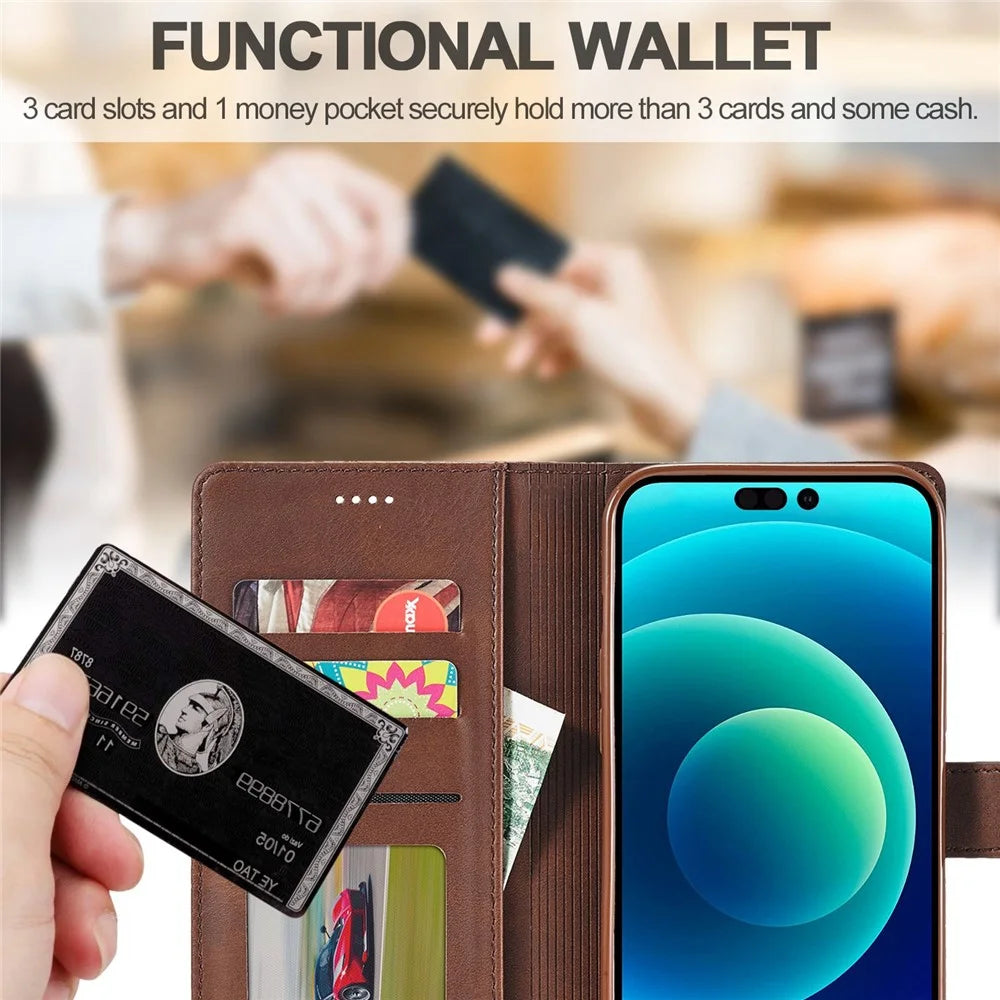 LC.IMEEKE For iPhone 14 Plus Magnetic PU Leather Protect Folio Cover TPU Protective Interior Shell Stand Flip Wallet Case - Brown - 6