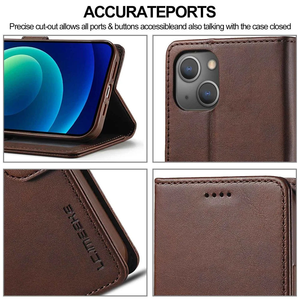 LC.IMEEKE For iPhone 14 Plus Magnetic PU Leather Protect Folio Cover TPU Protective Interior Shell Stand Flip Wallet Case - Brown - 7