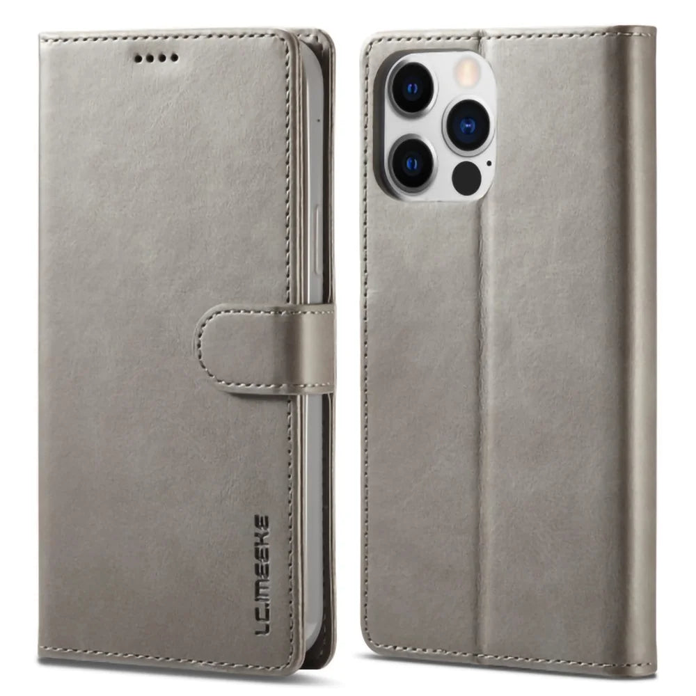 LC.IMEEKE For iPhone 14 Pro Max 6.7 inch PU Leather Folio Flip Wallet Case Magnetic Closure Stand Shockproof Phone Cover - Grey - 1