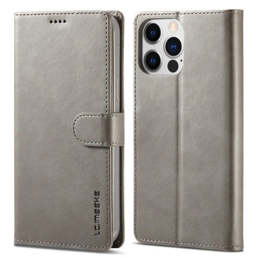LC.IMEEKE For iPhone 14 Pro Max 6.7 inch PU Leather Folio Flip Wallet Case Magnetic Closure Stand Shockproof Phone Cover - Grey - 1