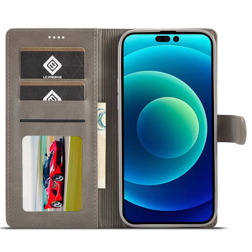 LC.IMEEKE For iPhone 14 Pro Max 6.7 inch PU Leather Folio Flip Wallet Case Magnetic Closure Stand Shockproof Phone Cover - Grey - 2