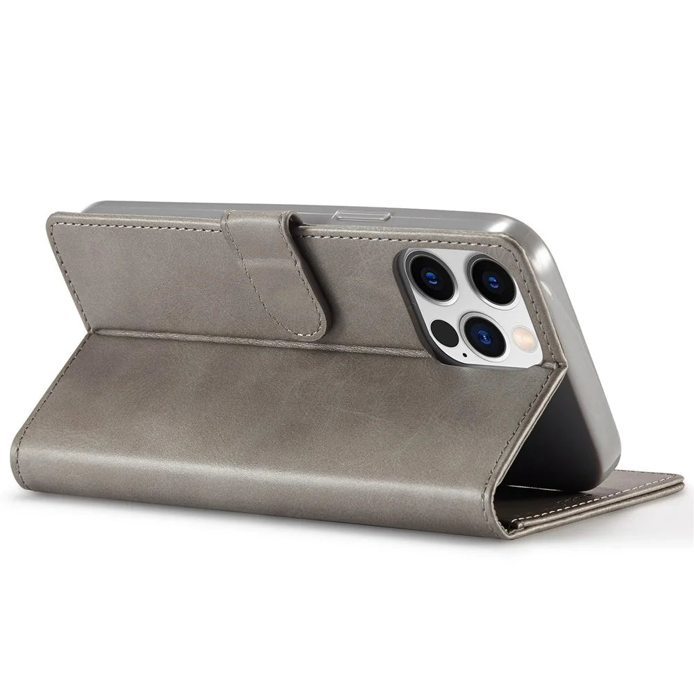 LC.IMEEKE For iPhone 14 Pro Max 6.7 inch PU Leather Folio Flip Wallet Case Magnetic Closure Stand Shockproof Phone Cover - Grey - 3