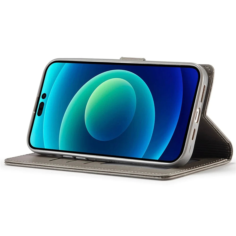 LC.IMEEKE For iPhone 14 Pro Max 6.7 inch PU Leather Folio Flip Wallet Case Magnetic Closure Stand Shockproof Phone Cover - Grey - 4