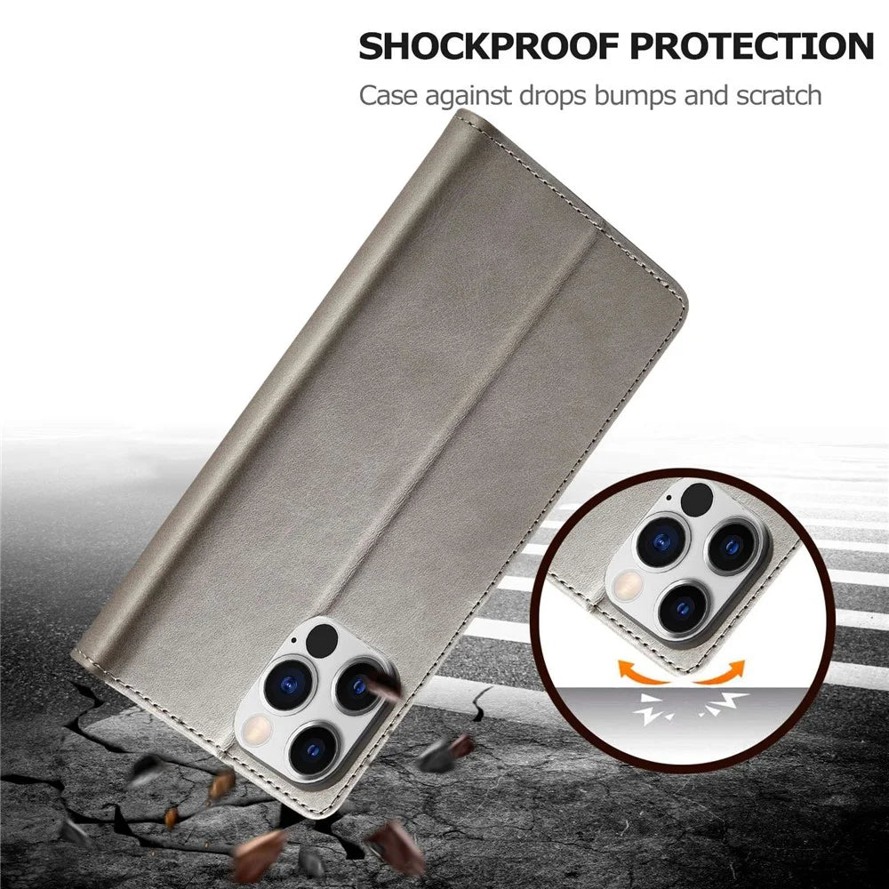 LC.IMEEKE For iPhone 14 Pro Max 6.7 inch PU Leather Folio Flip Wallet Case Magnetic Closure Stand Shockproof Phone Cover - Grey - 5